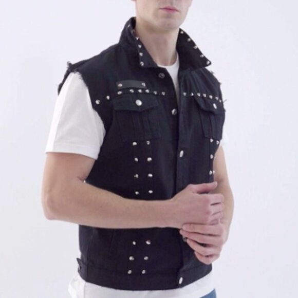 Men's Goth Punk Studded Denim Vest Ripped Distressed Sleeveless Jean Vest Rocker - Picture 3 of 7